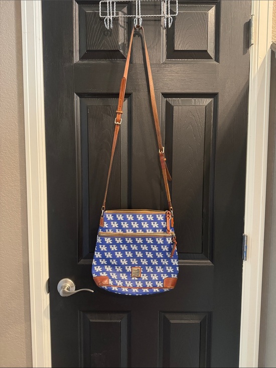 Dooney & Bourke Handbags - Dooney & Bourke Blue Pattern Logo Crossbody with Brown Leather Trim